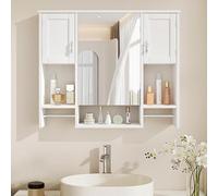 Armadietto Bagno con Specchio, Armadio da Parete con Porte e Scomparti Aperti, Armadietto Medico a Parete con 2 Portasciugamani, Armadio Bagno Lavanderia Cucina Bianco