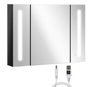Armadietto con Specchio da Bagno a Parete in MDF con 3 Armadietti, 3 Ripiani e Luce LED, 90x15x65 cm, Nero