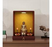 Armadietto da altare buddista in legno con luce a LED e cassetto, finitura in teak, per meditazione e decorazione della casa