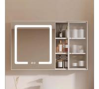 Armadietto da bagno a 3 ante con specchio e illuminazione LED regolabile, senza cerniere, ripiani in vetro, finitura bianco crema (100 x 11 x 65 cm)