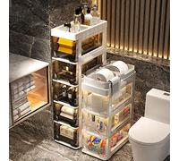 Armadietto da bagno a 5 ripiani con ante, organizer per carta igienica impermeabile, ripiani stretti per un efficiente stoccaggio del bagno, elegante ripiano superiore marrone