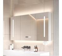 Armadietto da bagno a LED, 80 x 70 cm, con specchio, 3 ante, anti appannamento, con interruttore touch, display dell'ora, scomparto per asciugamani, elegante e funzionale, per bagni moderni