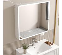 Armadietto da bagno a parete con specchio LED anti-appannamento, illuminazione dimmerabile, lavabo in alluminio, organizer per trucchi, slot per carta, elegante pannello posteriore