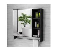Armadietto da bagno a parete con specchio, ripiani per medicine e portasciugamani, perfetto per bagno e lavanderia, nero, 75 cm