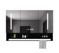 Armadietto da bagno a specchio con illuminazione a LED, antinebbia, cornice in legno, elegante design rettangolare, 80 x 90 cm, ideale per bagni moderni e soluzioni salvaspazio