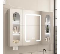 Armadietto da bagno a specchio con LED anti-appannamento, con porta in vetro, con interruttore touch, oscuramento continuo, bianco, 90 x 11 x 65 cm
