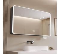 Armadietto da bagno a specchio con LED, sottile, anti-appannamento, in alluminio, con interruttore touch HD, finitura grigia, con porta asciugamani, soluzione elegante e funzionale.