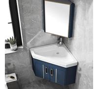 Armadietto da bagno angolare con specchio, salvaspazio, montaggio a parete, lavello con rubinetto caldo e freddo, design compatto, per piccoli bagni (blu, 48 cm)