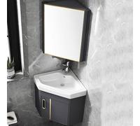 Armadietto da bagno angolare con specchio, salvaspazio, montaggio a parete, lavello grigio, 43 cm, include rubinetto caldo e freddo, contenitore mobile per piccoli bagni