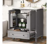 Armadietto da bagno con lavabo, lavabo, gambe in legno massello, materiale MDF, resistente all'umidità e impermeabile, ampio spazio di archiviazione, lavabo in ceramica integrato (grigio, 73 x 45 x 87