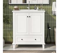 Armadietto da bagno con lavabo, lavabo, gambe in legno massello, resistente all'umidità e impermeabile, ampio spazio di archiviazione, lavabo in ceramica integrato (bianco con cassetti, 76 x 46 x 87