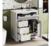 Armadietto da bagno con lavabo, lavabo, laccato, resistente all'umidità, guide per cassetti con chiusura morbida, scaffale, cassetto pieghevole, ripiano regolabile (bianco)