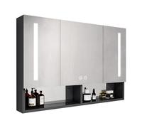 Armadietto da bagno con specchio a LED, 90 x 68 cm, anti-appannamento, 3 ante, nero, con dimmer touch e illuminazione per bagni moderni, soluzione di archiviazione elegante e funzionale