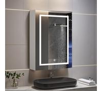 Armadietto da bagno con specchio a LED a doppia anta, montaggio a parete, 50 x 15 x 70 cm, ripiani regolabili in vetro, controllo della temperatura del colore, design moderno bianco