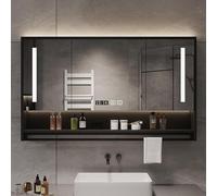 Armadietto da bagno con specchio a LED con 3 ante, montaggio a parete, con ripiani regolabili, sensore touch, nero, 100 cm, soluzione moderna per bagno elegante