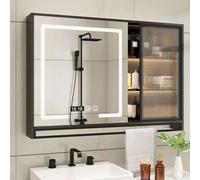Armadietto da bagno con specchio a LED con barra porta asciugamani e ripiani aperti, montaggio a parete o da incasso, grande specchio per risparmiare spazio e arredamento moderno