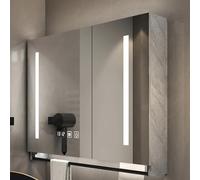 Armadietto da bagno con specchio a LED con luce anti-appannamento, montaggio a parete, mensola in legno, con display orario e temperatura, asciugamano e porta carta
