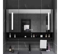 Armadietto da bagno con specchio a LED con orologio anti-appannamento, 100 cm, montaggio a parete, 2 ante, elegante finitura nera, perfetto per qualsiasi spazio bagno, 3 livelli regolabili.