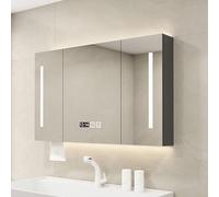 Armadietto da bagno con specchio a LED da 100 cm, grigio Massivholz, da parete, con specchio HD anti-appannamento, display a 3 colori per tempo e temperatura, supporto per carta.