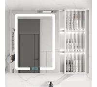 Armadietto da bagno con specchio a LED da parete, con specchio da trucco moderno HD anti-appannamento, silenzioso, doppio lato, elegante contenitore per oggetti essenziali per il bagno