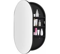 Armadietto da bagno con specchio da parete con contenitore, struttura in legno massello, design ovale, caratteristiche di vanità, organizer funzionale per il bagno