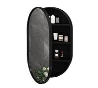 Armadietto da bagno con specchio, da parete, ovale, in legno, con vano portaoggetti e luce