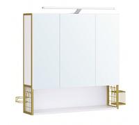 Armadietto da Bagno con Specchio e 3 Ante, Mobile a Parete, Cestino, Porta Asciugacapelli, Capiente, Mobiletto Bagno da Muro, Bianco Nuvola e Oro Verde Chiaro [CERCHI UN ARMADIETTO ELEGANTE?]L'hai tro