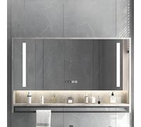 Armadietto da bagno con specchio illuminato a LED con contenitore, pulsante antiappannamento, specchio per trucco, elegante design bianco (90 x 12 x 75 cm) - perfetto per bagni moderni