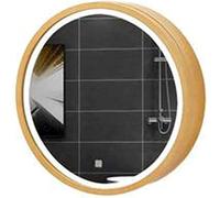 Armadietto da bagno con specchio LED rotondo in legno da parete, con interruttore Smart Touch, completamente assemblato, 70 cm, elegante finitura marrone, soluzione moderna per la decorazione della