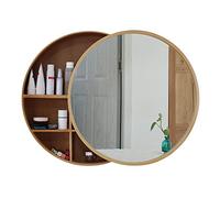 Armadietto da bagno con specchio rotondo e porta aperta e mensola, specchio da trucco in legno massello per l'organizzazione del trucco