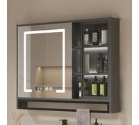 Armadietto da bagno illuminato a LED con specchio anti-appannamento a 3 colori specchio per il trucco in legno con porta in vetro display orario e temperatura elegante soluzione di archiviazione.