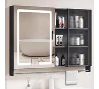 Armadietto da bagno in alluminio con specchio a LED per medicine con porta in vetro, armadietto anti-appannamento, specchio da bagno a parete con oscuramento continuo e rack aperto
