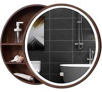 Armadietto da bagno in legno con specchio rotondo e luce LED, montaggio a parete, elegante contenitore per camera da letto, design moderno, soluzione salvaspazio