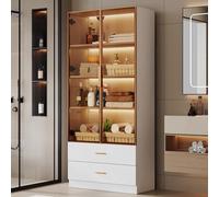 Armadietto da bagno medio, con barra luminosa, larghezza 75 cm, con 2 cassetti grandi e 2 ante, porta in vetro (bianco)