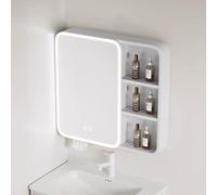 Armadietto da bagno moderno a specchio con luce LED, controllo Smart Touch, anti-appannamento, luminosità regolabile, ampio spazio di archiviazione, elegante organizer per trucchi per la casa.