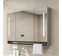 Armadietto da bagno moderno grigio con specchio da parete, 3 ante, illuminato, dimmerabile, anti-appannamento, grande unità portaoggetti per oggetti essenziali per il bagno, lunghezza 100 x larghezza