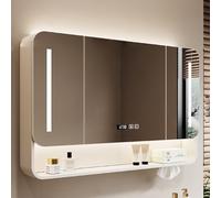 Armadietto da bagno moderno in acciaio al carbonio con specchio e luce LED tricolore, anti appannamento, design sottile, da appendere, con visualizzazione della temperatura e dell'ora, porta carta