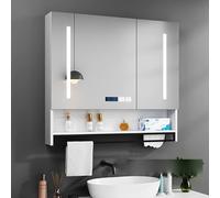 Armadietto da bagno moderno in legno con luci a LED, antiappannamento, specchio HD, visualizzazione temperatura e ora, organizer da parete con foro per fazzoletti, bianco, 60 x 13 x 70 cm