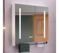 Armadietto da bagno moderno in legno massello con illuminazione a LED, specchio per trucco intelligente anti-appannamento, elegante contenitore per medicine con display elegante e funzionale.