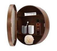 Armadietto da bagno moderno rotondo da parete con specchio, colore nero/legno/noce, grande specchio per trucco incluso (70 cm)