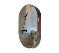 Armadietto da bagno ovale in legno con specchio bianco con ripiano e contenitore, elegante finitura in noce, 80 x 50 x 14 cm, perfetto per la decorazione della casa e nization