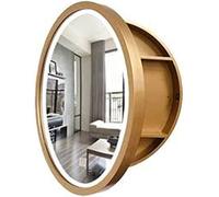 Armadietto da bagno rotondo con specchio illuminato a LED, con cornice in legno, contenitore per medicine da parete, interruttore Smart Touch, completamente assemblato