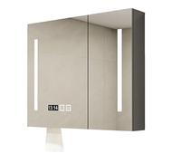 Armadietto da bagno sottile da parete con luci a LED illuminato in legno a specchio con illuminazione a 3 colori, specchio per il trucco con ripiani antinebbia intelligente e visualizzazione dell'ora.