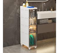 Armadietto da bagno sottile di grande capacità, con cassetti in plastica trasparente, armadio a pavimento stretto su ruote, design alto e salvaspazio