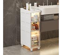 Armadietto da bagno sottile di grande capacità, con cassetti in plastica trasparente, armadio a pavimento stretto su ruote, design alto salvaspazio per piccoli spazi