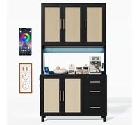 Armadietto da cucina, 183 cm, buffet con luci a LED controllate da app, 2 USB, 2 prese, ripiani regolabili, 3 cassetti, maniglie in metallo dorato per cucine e sala da pranzo (nero)