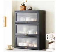 Armadietto da cucina in bambù a 3 ripiani con ante scorrevoli per condimenti indipendenti, piatto per bottiglie e ciotole, organizer nero, 52 × 70 cm, soluzione salvaspazio