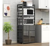 Armadietto da cucina nero, ripiani regolabili, autoportante e supporto per microonde, armadio con ante in vetro per sala da pranzo, soggiorno, studio e mensola della cucina.