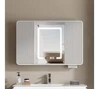 Armadietto da parete con specchio a LED, con visualizzazione dell'ora, in legno massello, moderno e intelligente, armadietto a specchio anti-appannamento con interruttore touch, foro per carta, porta