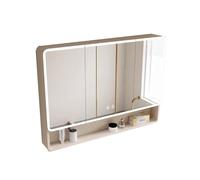 Armadietto da parete con specchio a LED per bagno, in alluminio color crema, con ante e mensole, grande unità portaoggetti (90 x 13 x 88 cm), soluzione moderna per l'arredamento del bagno